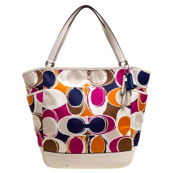 COACH White & Multicolor Part Op Art Satin & Leather Carrie Tote, EUC - Picture 1 of 11
